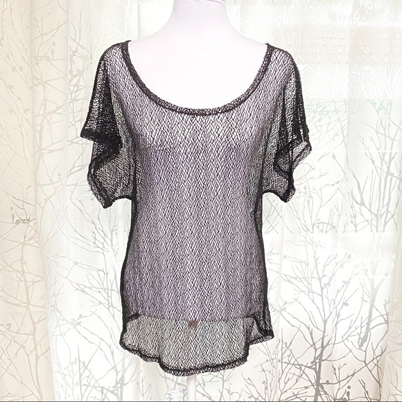 Sheer slinky black material scoop neck short sleeve swimsuit cover up tunic top - Picture 1 of 5